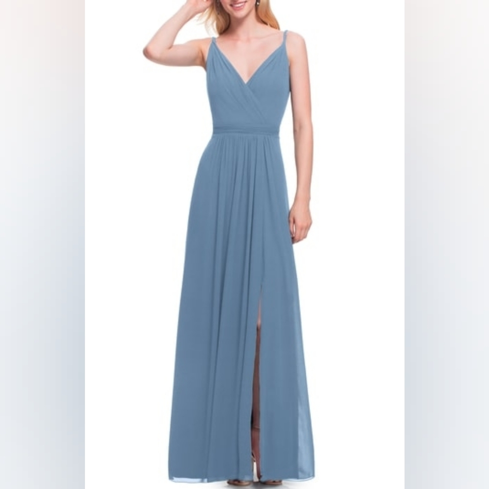Bill Levkoff Surplice Neckline Chiffon A-Line Slate Blue High Slit Gown Size 8